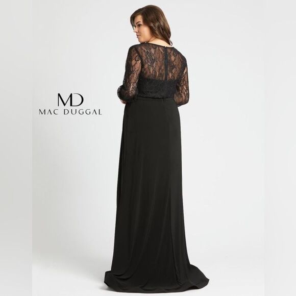 NWOT Mac Duggal | 67143F Black Lace Bodice Long Sleeve Plus Size Gown 14W - Picture 4 of 13